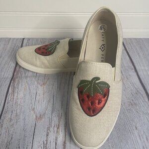 Katy Perry "The Kerry" Slip On Sneaker Size 8.5 Novelty Strawberry Canvas Beige